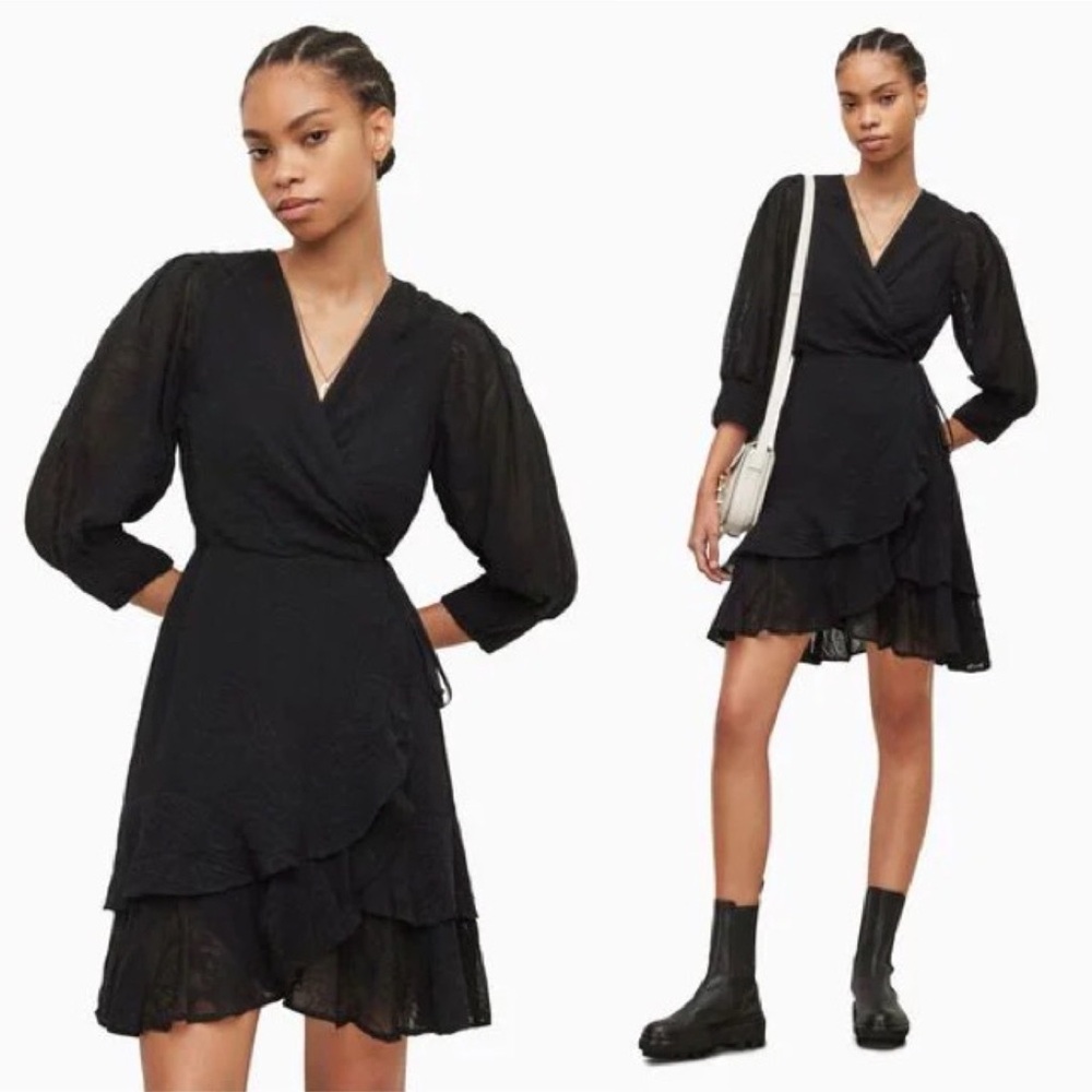 AllSaints Black Ari Ossia Long Sleeve Wrap Mini Dress‎ Embroidered